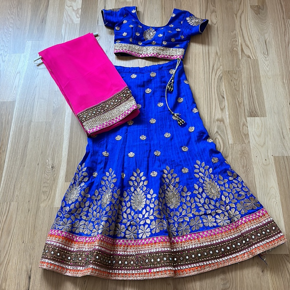Indian Lehenga, Blue Skirt and Blouse with Pink Dupatta